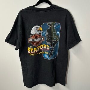 '97 HARLEY DAVIDSON men's grey multi seaford delaware x2 sided graphic tee, M-L.